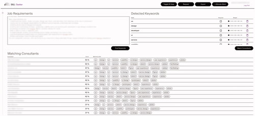 Figure 4. Siili Seeker “AI View.” Users can enter a description of a customer need in the top-left text area. The Seeker detected keywords are displayed in the top-right, while the list of matching consultants is shown in the bottom part of the screen.