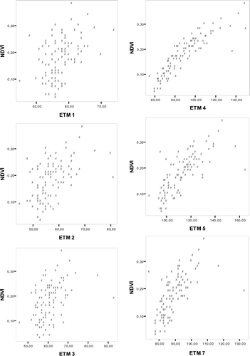 Figure 4. Scatter plots of NDVI against DN of each ETM image band.
