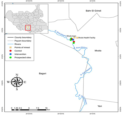 Figure 1 Prospected sites along the river Naam in Mvolo County, Western Equatoria, South Sudan.