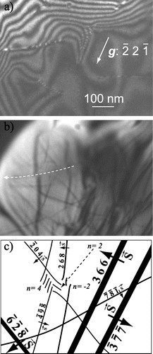 Figure 7. Sample DFC-3 – Indexation of a [1 0 0] dislocation using the LACBED technique. (a) WBDF image with g: -22-1 showing the dislocation studied. (b) Experimental LACBED pattern crossing a dislocation (dotted arrow). The splittings of the Bragg lines can clearly be observed. (c) From the three identified splitting (with the -4-9-8, -204, 268 Bragg lines) the Burgers vector can be identified. Additional effects (not shown) with the -3-3-8, -4-6-1 Bragg lines have also been observed for this dislocation.