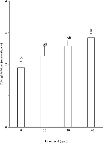 Fig. 2 Total gluthatione±standard error of the mean recorded in liver samples from broilers being fed with a basal diet without lipoic acid (LA), or this basal diet supplemented with LA during 42 days. Each bar represents the mathematical sum of each value of each column in Table 4 divided by 7; that is, the number of weekly experiments (each with six birds) performed throughout the 42 days.