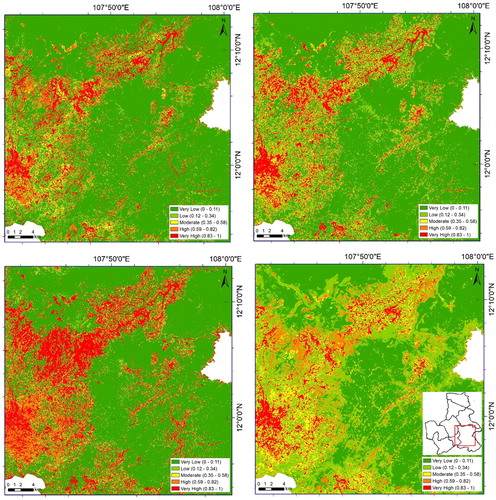 Figure 7. Forest fire susceptibility mapping in a small subset of the study area – by clockwise order BBO, GWO, GSA and MLP.