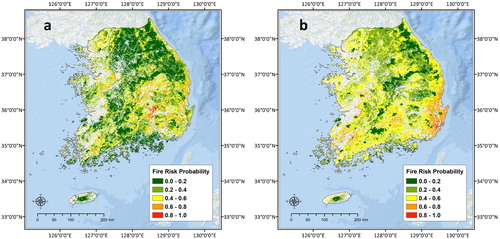 Figure 10. Spatial modeling results of forest fire occurrence probability (a: MODIS active fire data and b: KFS fire survey data).