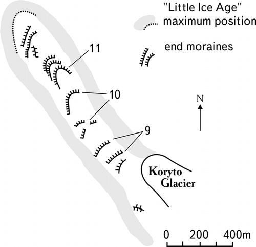 FIGURE 2. Koryto Glacier, Kronotsky Peninsula. Location of moraines dated by lichenometry. Numbers refer to data of Table 2a, Kamchatka