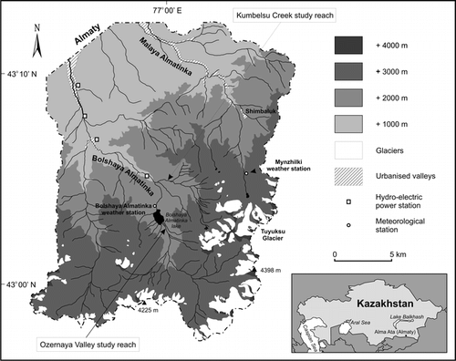 Figure 1 Location and relief of the Bolshaya and Malaya Almatinka drainage basins showing study site and positions of Kumbelsu Creek and Ozernaya River and meteorological stations used in the study.