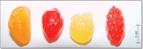 Figure 1. Different fruit shapes for orange, strawberry, peach and raspberry gummy jellies.Figura 1. Diferentes formatos frutales (naranja, fresa, melocotón y frambuesa) de los caramelos de goma.