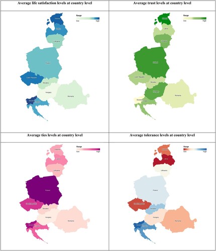 Figure 4. Maps of life satisfaction and social capital across the sample.