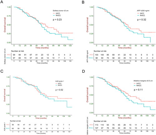 Figure 4. Overall survival of patients with initial hepatocellular carcinoma (HCC) and recurrent HCC in these subgroups: (A) solitary HCC ≤3 cm, (B) AFP ≤ 200 ng/ml, (C) ablative margins ≥0.5 cm, (D) ALBI grade 1. AFP: a-fetoprotein; ALBI: albumin-bilirubin; IHCC: initial HCC; RHCC: recurrent HCC.