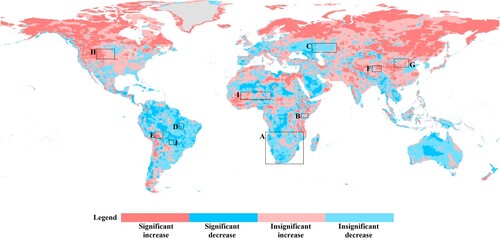 Figure 13. Distribution of global grassland degrading and improving MI trends in hotspots.