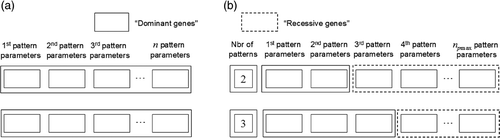 Figure 2. Individual genotype according to the chromosome encoding strategy: (a) with fixed (n) and (b) variable (n ∈ [1, npmax]) number of patterns.