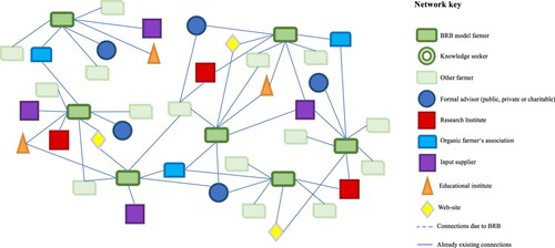 Figure 3. An abstract representation of knowledge networks of model farmers as it would have looked before the BRB was installed. Based on Sutherland et al. (Citation2017).