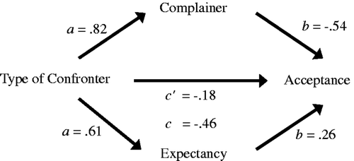 Figure 1. The relation between type of confronter and acceptance mediated by complainer and expectancy in the racism condition. All coefficients are significant at p < .05 or less except the direct effect (c′) of type of confronter on persuasion when the mediators are included in the model.
