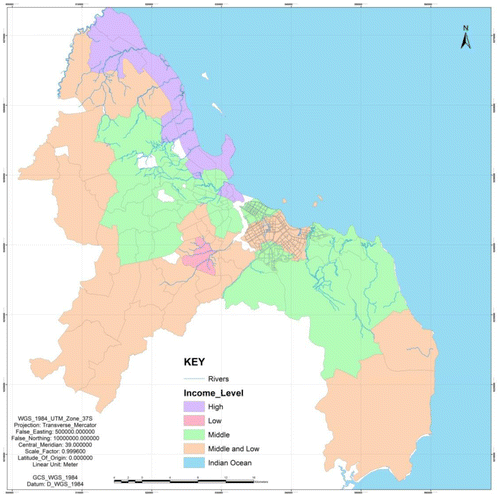 Map 4. Income-level disparity in Dar es Salaam: the Maroon shade shows areas with high-income dwellers in the northeast section of the city, low-income areas are in the central part of the city in pink, middle- and low-income areas are mixed up in parts shown in brown, while middle-income areas are highlighted in green (light blue is the Indian Ocean and the area in white area is of scope).