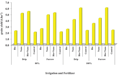 Figure 11. Combine Effect of irrigation method and fertilizer type on grain yield (t ha-1).