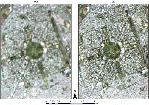 Figure 3. Landsat-8 OLI image in true-colour composite (A) before resolution merging (30 m spatial resolution) and (B) after resolution merging (15 m spatial resolution).