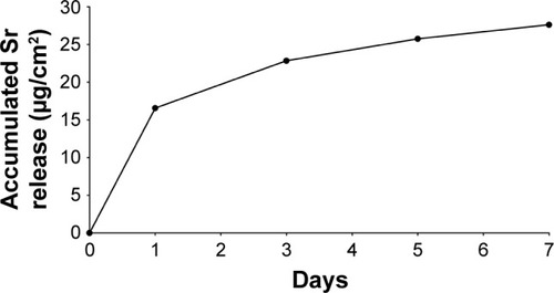 Figure 3 Accumulated Sr release, as determined by ICP-AES.Notes: The highest release of Sr is observed within the first 24 hours. However, the release persists for the entire duration of the evaluated period. Each point is the mean of three consecutive measurements having a variation of less than 1%.Abbreviation: ICP-AES, inductively coupled plasma atomic emission spectroscopy.