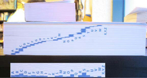 Figure 3. A photographic side view of the Oxford Advanced Learners' Dictionary. Inserted below is a photo manipulation showing the frequency distribution of the dictionary's letters.