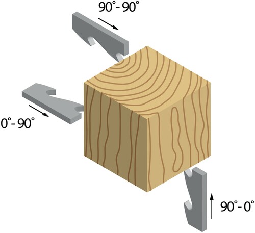 Figure 2. Definition of cutting directions. Cutting force tests were made in the 90–90° cutting direction, i.e. the cutting edge and the feeding direction were both 90° to the longitudinal grain direction of the wood.