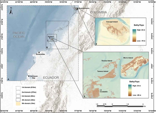 Figure 6. Computer grids. A 1: 810 m resolution grid; B 2: 270 m resolution grid; C 3: 90 m resolution grid; D 4: 30 m resolution grid; E 5: 10 m resolution grid]