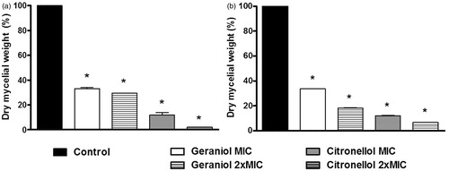 Figure 1. Percentage of dry mycelial weight produced by Trichophyton rubrum in the absence (control) and presence of geraniol (MIC: 32 g/mL; 2 × MIC: 64 g/mL) and citronellol (MIC: 128 g/mL; 2 × MIC: 256 g/mL). (a) T. rubrum ATCC 1683; (b) T. rubrum LM 422. Control produced 100% of dry mycelial weight. *p < 0.05 compared with control.