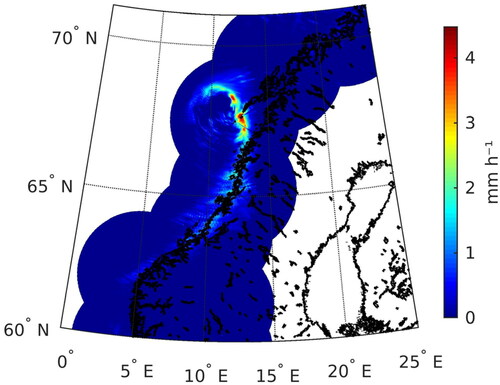 Fig. 6. Multi-radar mosaic of liquid water equivalent precipitation rate associated with a PL (see Fig. 1a) on 25 March 2019 at 15:00 UTC.