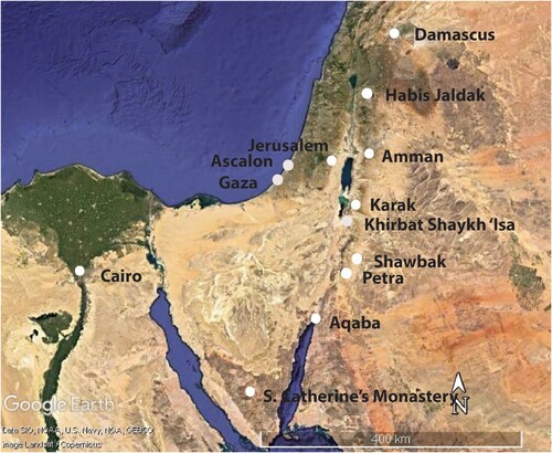 Figure 1 The Lordship of Transjordan in relation to sites in the broader region (copyright: Google Earth).