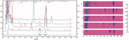 Figure 1. 2D and 3D chromatograms of extracts from V. album (host Malus ‘Jonathan’) harvested in different seasons. Line 1-standards of oleanolic (OA) and betulinic acid (BA); line 2-spring; line 3-summer; line 4-autumn; line 5-winter.
