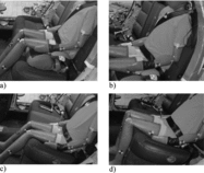 Fig. 2. The Q10 test positions: (a) normal sitting posture on BC, (b) out-of-position with lap belt above the guiding loops, (c) normal sitting posture directly on the car seat, and (d) slouching posture (out-of-position) directly on the car seat.