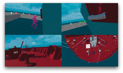 Figure 10. Pink (left top) and Blue (right top) in the virtual void next to the ship, Test session 3.