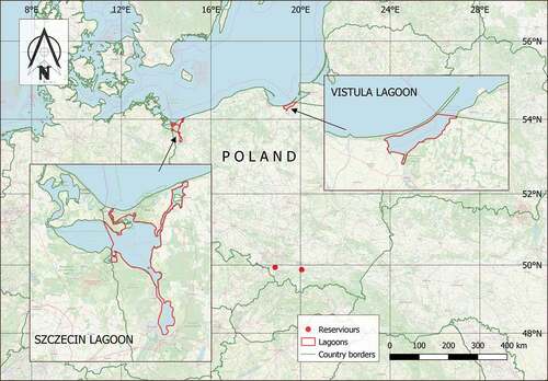 Figure 1. Study site, the estuary areas of the two largest rivers in Poland (Odra - Szczecin Lagoon) and the Vistula (Vistula Lagoon), and two dam reservoirs in southern Poland, from which part of Goosander stomach samples originated: Goczałkowice (left) and Dobczyce (right).
