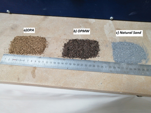 Figure 2. Aggregates used in mortar mixtures:(a) Olive Pomace Aggregates (OPA), (b) Olive Pomace Aggregates mixed with Olive Mill Wastewater (OPMW) and (c): Natural sand.