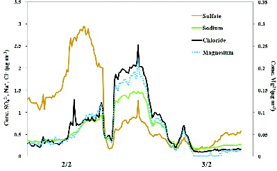 FIG. 5. Time pattern of SO42−, Na+, Cl−, and Mg2+ concentration during 2 and 3 February.