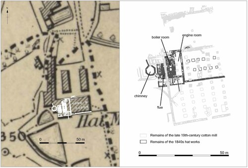 Figure 4. Plan of the excavated remains of George and William Gee’s hat works in Hollinwood, with an extract from the Ordnance Survey 1st Edition 6" (inch): 1 mile map of 1848.