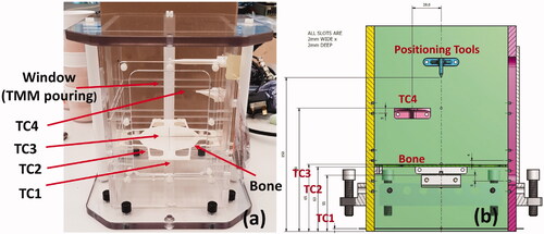 Figure 1. (a) Scaffolding of the test object prior to filling with IEC agar-based TMM (left) and the (b) CAD model (right). Thermocouples (TC1, TC2, TC3 and TC4), positioning tools and the 3 D printed bone mimic disk are visible in the left image (a).