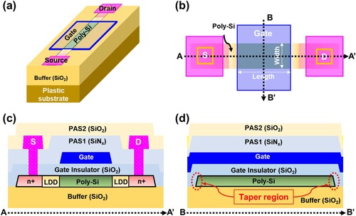 Figure 1. Schematic diagram of the experimental device structure of n-type LTPS TFTs with channel width and length of 3.5 and 20 μm, respectively: (a) 3D structure, (b) top view, and cross-sectional views along the (c) length and (d) width directions.