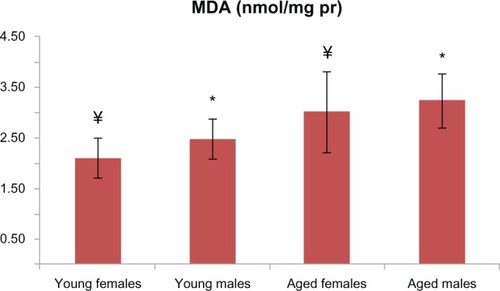 Figure 4 In aged male rats, MDA levels were found to be higher than among the young male rats, which was also evident for females (P < 0.05 for both males and females). There is a statistically significant difference with * representing male and ¥ representing females.Abbreviations: MDA, malondialdehyde; pr, protein.