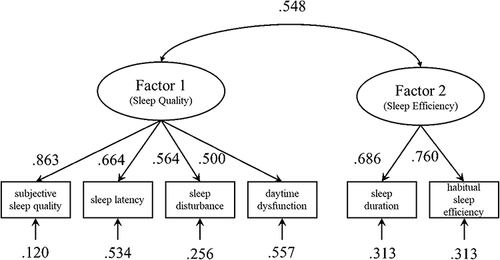 Figure 2 CFA parameter estimation results for the two-factor model obtained based on EFA with the sleep medication component removed.