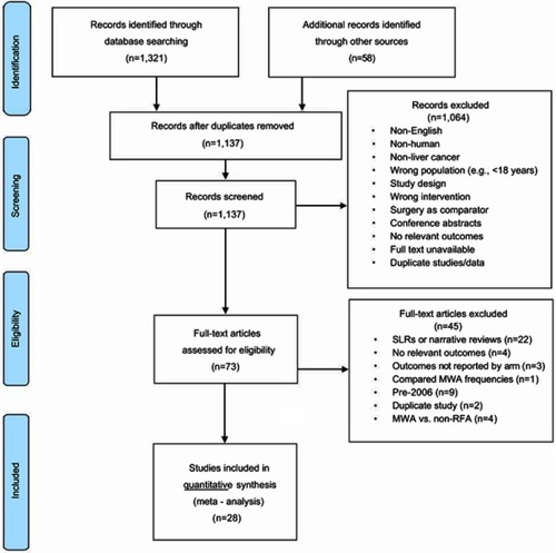 Figure 1 PRISMA flow diagram.Abbreviations: PRISM, Preferred Reporting Items for Systematic Reviews and Meta-Analyses; SLR, systematic literature review; MWA, microwave ablation; RFA, radiofrequency ablation.