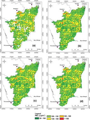 Figure 8. (a) PM2.5 concentrations for April 2017 (b) Gap – filled spatiotemporal interpolation by mixed effects model implemented using spline interpolation (c) using ordinary kriging (d) using the IDW method of Tamil Nadu.