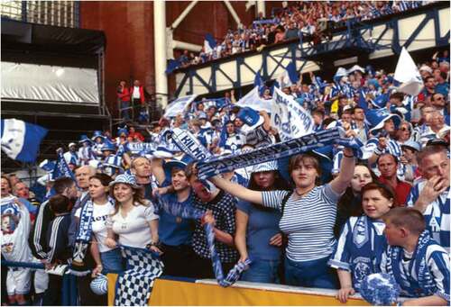 Figure 12. Up for the cup, Kilmarnock fans, Ibrox Park, Glasgow, 1997.
