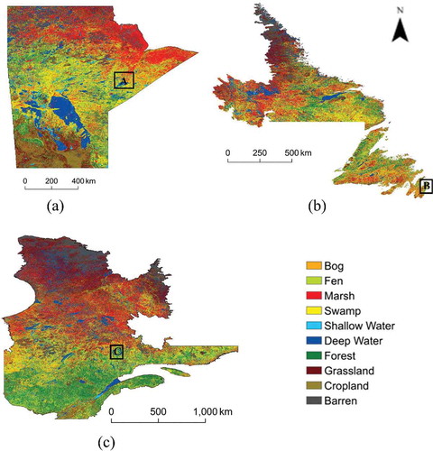 Figure 2. Provincial wetland inventory maps of three Canadian provinces (a) Manitoba, (b) Newfoundland and Labrador, and (c) Quebec generated using Google Earth Engine.