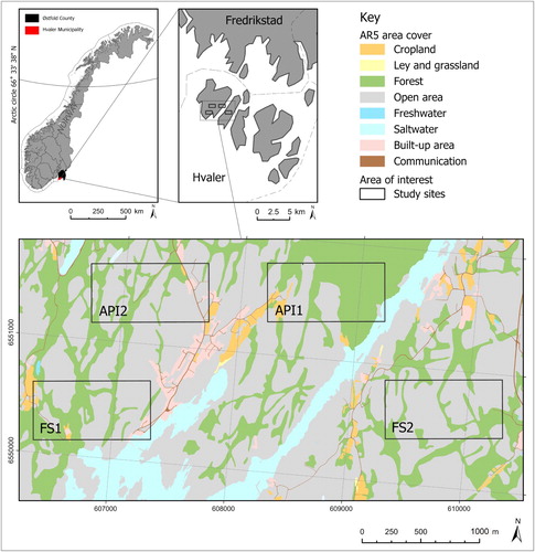 Fig. 1. Study area with four rectangular study sites on Hvaler Municipality, south-east Norway (Maps from Geonorge (N2000 maps and AR5 area cover), WGS 1984 UTM Zone 32N, rotation -5.1 degrees)