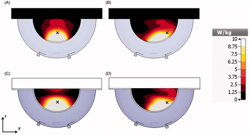 Figure 9. SAR cross-sections on the yz-plane with the 4-antenna array on the small breast model with all the antennas with constant phase (A) and phases optimised to create a focus in a laterally located target on the right lobe of the breast (B) and on the experimental setup with all the antennas with constant phase (C) and phases optimised to create a focus in a laterally located target on the right lobe (D). The symbol × indicates the location of the focus target.