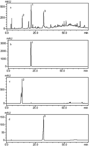 Figure 1 HPLC profiles of the ethyl acetate fraction (EAF) from C. songaricum (a) and LC chromatogram of each compound from EAF (b–d). Peaks: 1 = protocatechuic acid; 2 = gallic acid; 3 = catechin.