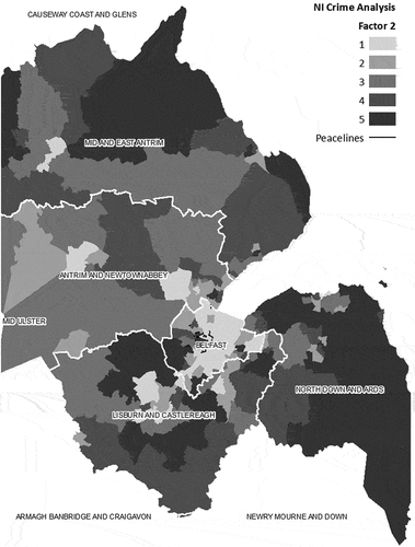 Figure 3. Spatial distribution of Factor 2 in the Belfast metropolitan area.