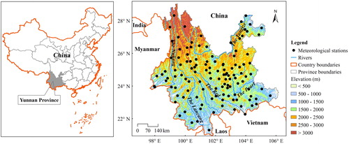 Figure 1. Geographical locations and distribution of meteorological stations in Yunnan Province.