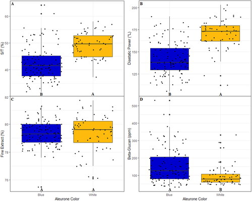 Figure 5. Boxplots of A) S/T, B) DP, C) FE, and D) BG broken out by the observed aleurone color from the 2021 harvest season. Letters at the base of each plot are the result of a Fisher’s LSD Test to detect significant differences between groups. A jitter plot is overlaid on each boxplot to show exact data values. The Fisher’s Test for beta-glucan is based on values transformed via Box-Cox transformation to account for non-normality; however, the displayed data values are untransformed.