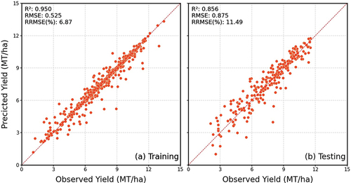 Figure 6. The scatterplots of observed and predicted yield using SVR model (a) training, (b) testing.