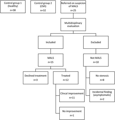 Figure 3 Flow chart of the inclusion process and outcomes in the study of perioperative microcirculatory changes in patients with MALS.Abbreviations: MALS, median arcuate ligament syndrome; CMI, chronic mesenteric ischemia.
