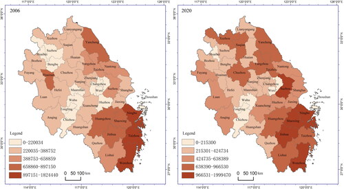 Figure 3. The comparison of the spatial distribution of the population in the secondary centers between 2006 and 2020.